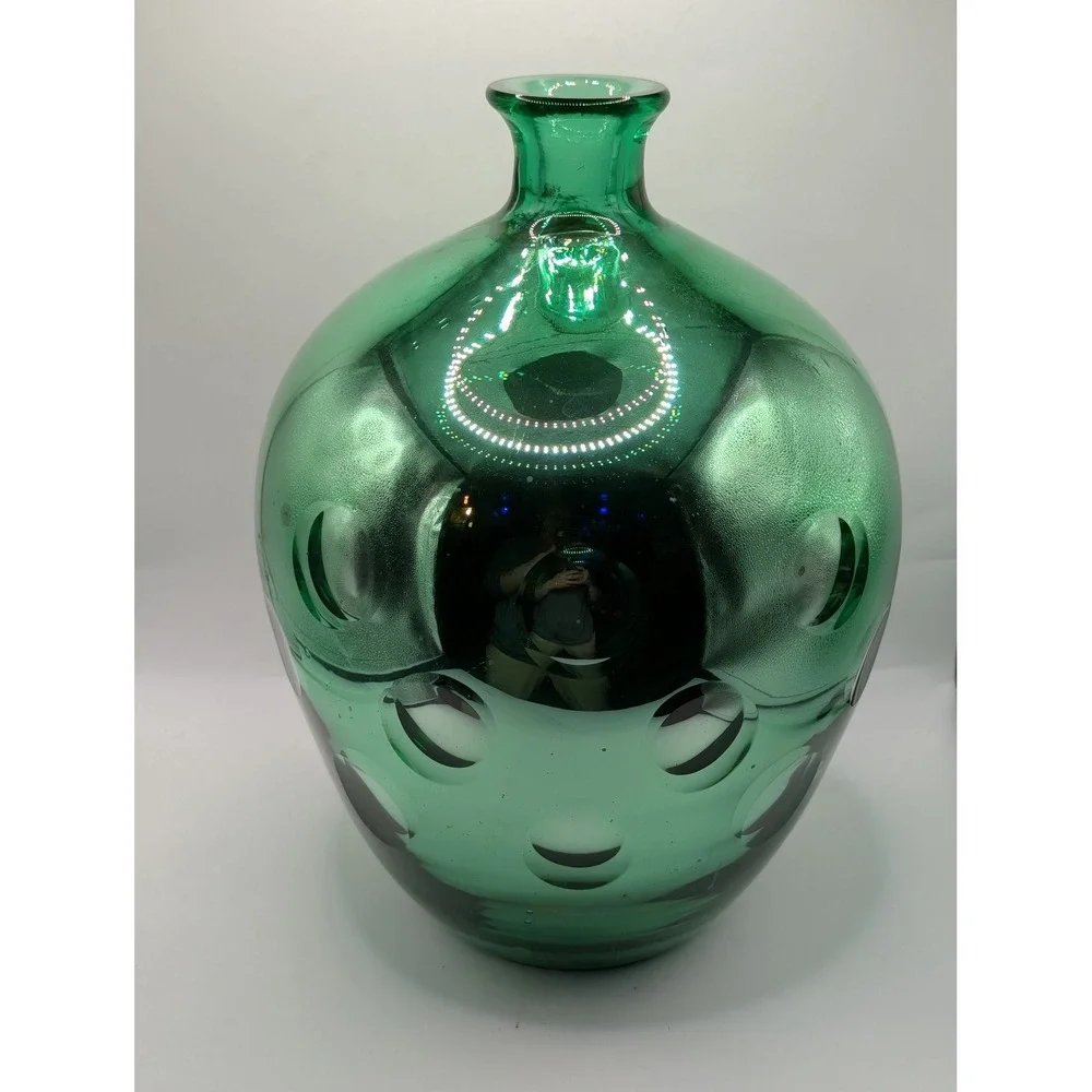 Vintage Uranium Mercury Emerald Green Blown Glass‎ Dimpled Vase MCM Decor 11.5